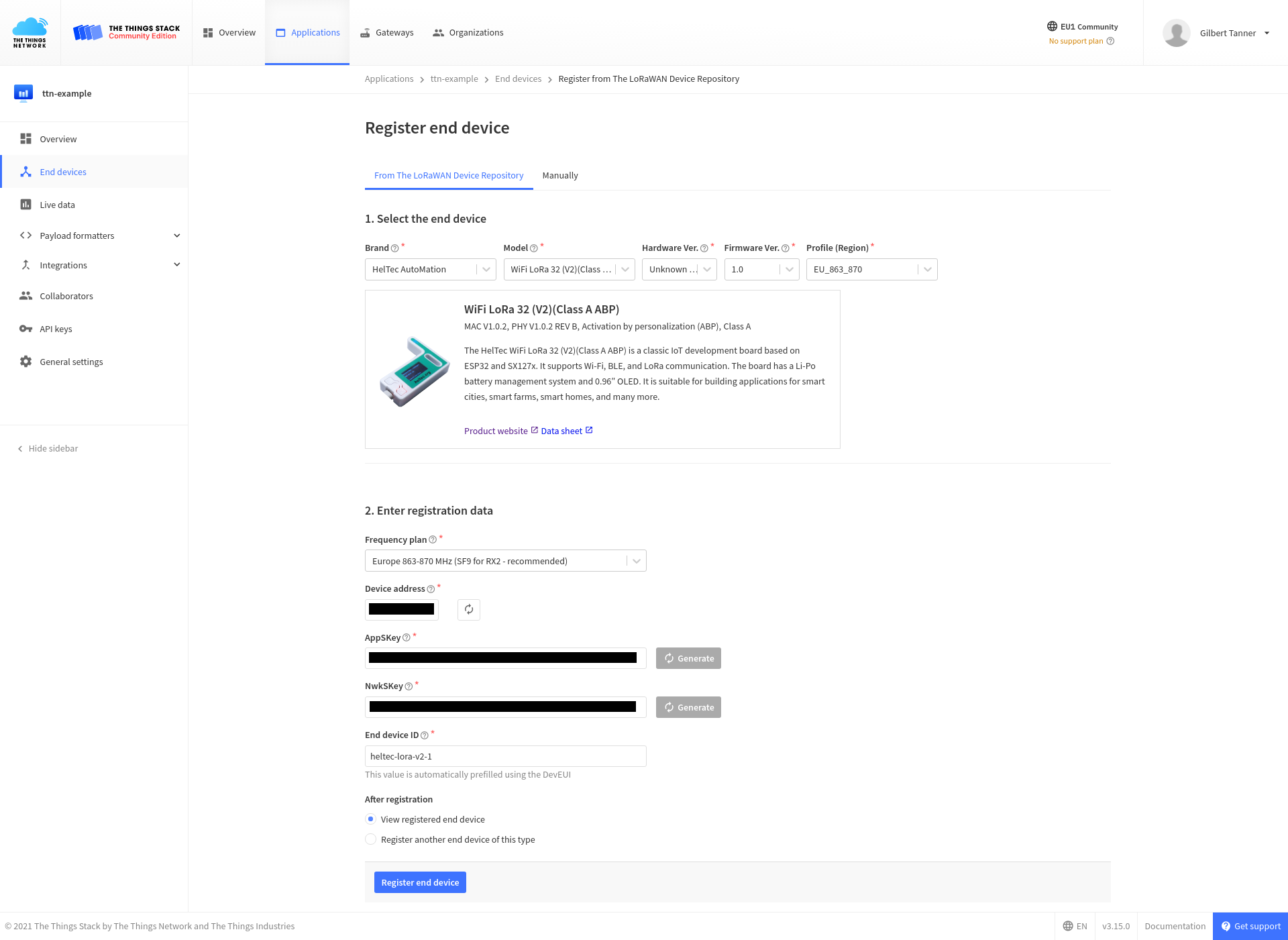 Register end device using LoRaWAN device repository