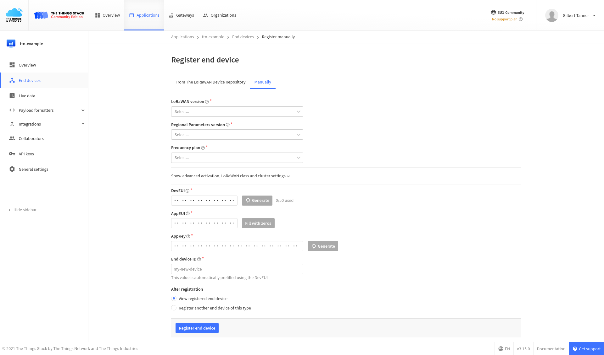 Manually register end device