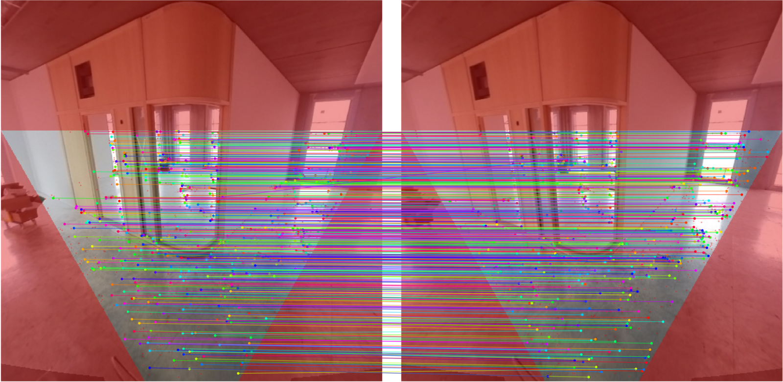 Dense LoMa feature matches on repetitive indoor frames